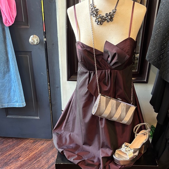 Max & Cleo Strapless Burgundy Party Dress with Bow Detail - Picture 13 of 13